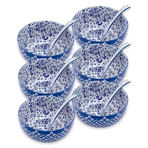 28Oz Ceramic Soup Ramen Bowl Set of 6 with Spoon Gift Box (6in-Floral & Rhombic-6)