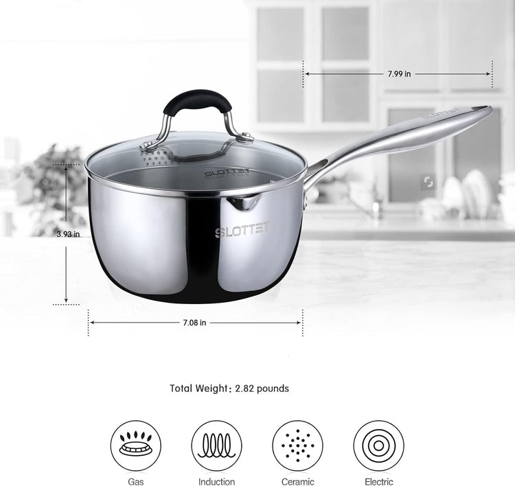 Tri-Ply Whole-Clad Stainless Steel Sauce Pan with Pour Spout,1.5 Quart Small Multipurpose Pasta Pot with Strainer Glass Lid, Saucepan for Cooking with Stay-cool Handle.