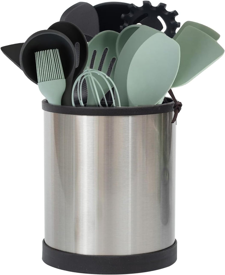 Stainless Steel Kitchen Utensil Holder,360° Rotating Utensil Holder for Counter Organizer with Weighted Base, Cooking Silverware Caddy Flatware 4 Compartment Flatware Spoon Spatula Lazy Susan(Silvery)