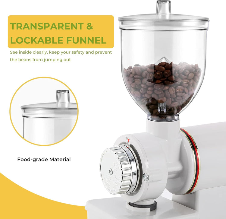 Burr Coffee Grinder Electric Espresso Grinder Commercial & Homeuse Silent Small Coffee Bean Grinder with Hopper Adjustable Grind, With Brush, Spoon, White