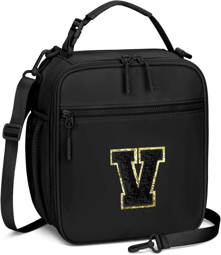 Initial Insulated Lunch Bag for Boys Kids, Back to School Gift, Reusable Leak-proof Lunch Box with Adjustable Strap for School Daycare Travel Picnic(Black,V)
