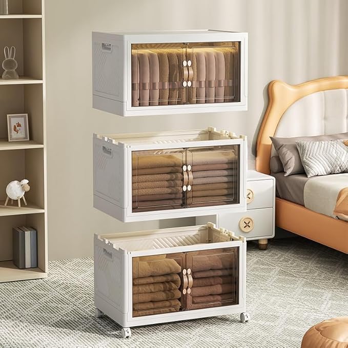 5-Tier Closet Organizer and Storage with 1 Lid, 95 Gal Stackable Storage Bins with Lids and Wheels, Folding Storage Boxes with Open Front Door for Closet and Office