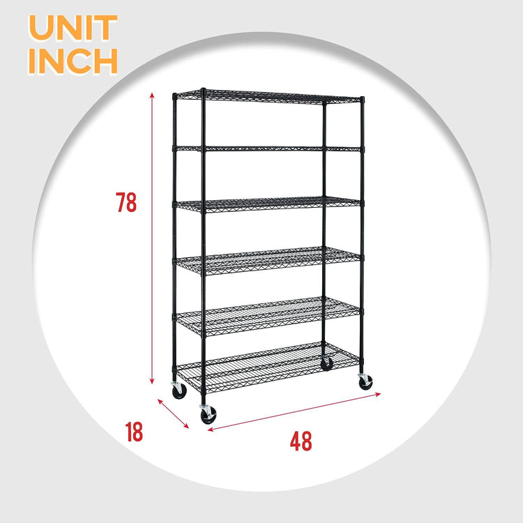 FDW 48" L×18" W×76" H Wire Shelving Unit Metal Shelf with 6 Tier Casters Adjustable Layer Rack Strong Steel for Restaurant Garage Pantry Kitchen Garage,Black