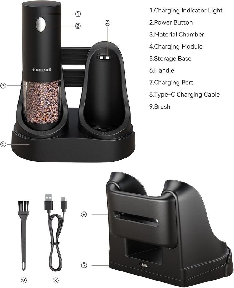 Electric Salt and Pepper Grinder Set - Automatic Refillable Salt and Pepper Grinders with Charging Base & LED Light, 6-Level Adjustable Coarseness with External Dial, Ideal Kitchen Gadget๏ผBlack& White