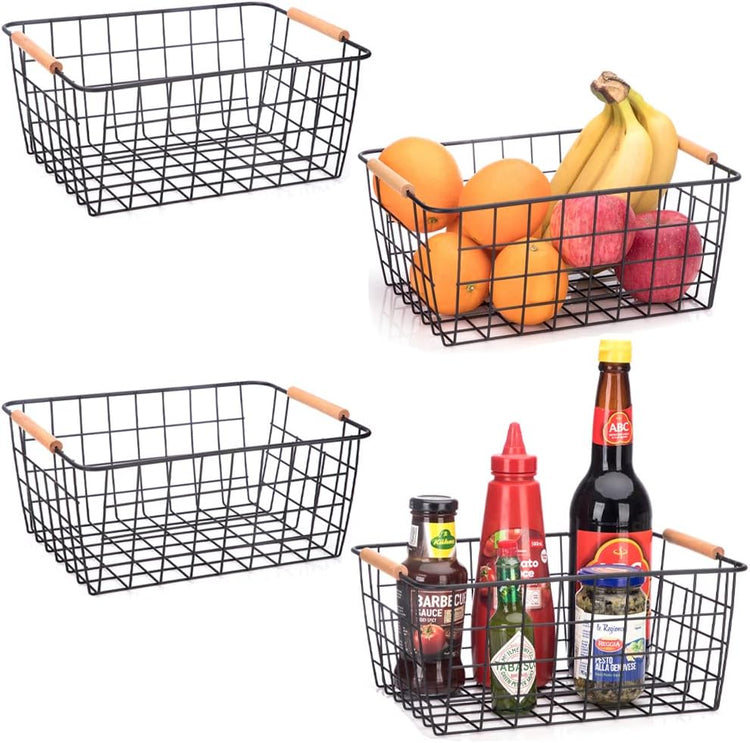 LeleCAT Wire Baskets with Wooden Handles, Wire Storage Organizer Baskets , Household Refrigerator for Cabinets, Pantry, Closets, Bedrooms - Set of 4(Black