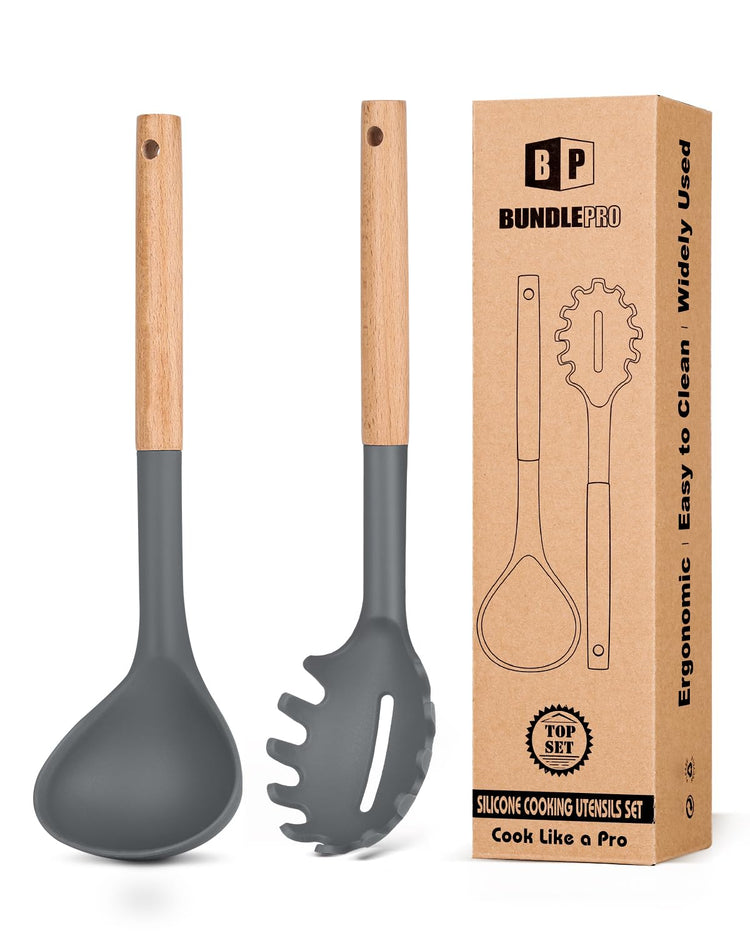 Silicone Pasta Fork and Ladle Spoon Set with Wooden Handle (2 Count)
