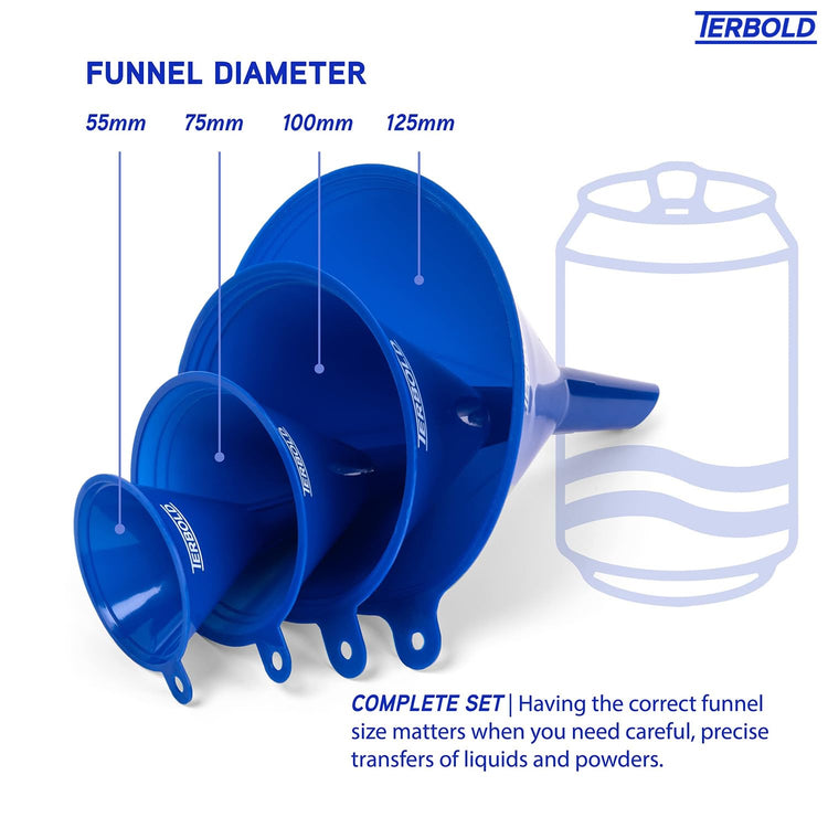 4pc Funnel Nesting Set in BPA Free Plastic for Kitchen Cooking, Car Oil, Home, or Lab Use (Blue)