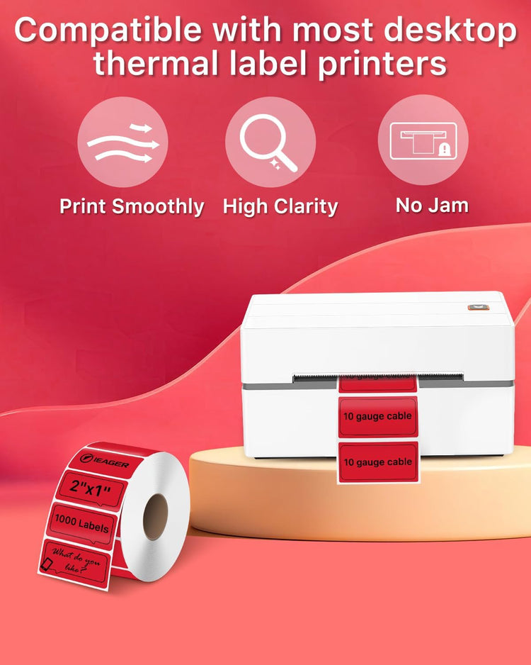 iEager 2x1 Inch Thermal Labels, Red Rectangle Thermal Printer Stickers, Durable Shipping Label Printer Sticker for Barcode, Name, Address, 1000 Labels/Roll