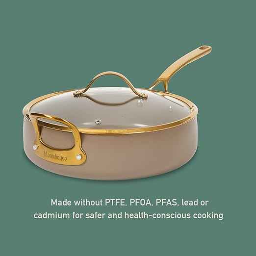 Bloomhouse - Two Time Oprah's Favorite Things Winner - 6 QT Heavy Duty Aluminum Premium PFA Free Ceramic Nonstick Saute/Deep Frying Pan Skillet with Lid - Cappuccino Cream with Gold Handle