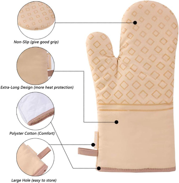 Set of 4 Oven Mitts and Pot Holders, 482 F Heat Resistant Hot Plate Moving Non-Slip Gloves for BBQ, Grill, Baking, Cooking, Oven, Microwave (Beige)