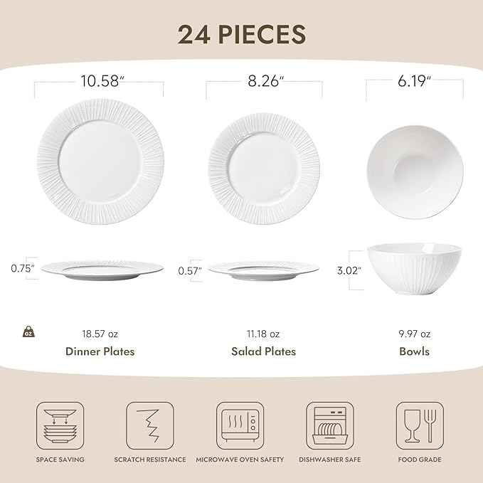 KINGSTONE 24-Piece Bone China Dinnerware Set with 40-Piece flatware, White Lightweight Porcelain Service for 8, for Family Dining, Restaurants, Gifting,Microwave and Dishwasher Safe