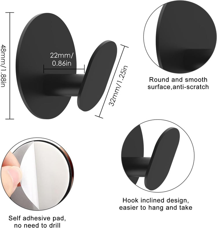 Adhesive Hooks, 4 Pack Towel Hooks Wall Hooks for Bathroom, Kitchen - Bath Robes Coat Hook for Hanging(Matte Black, Stainless Steel)