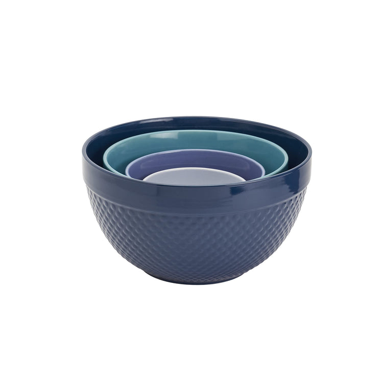 Tabletops Gallery Hobnail Style 4 Piece Blue Storm Stoneware Nesting Mixing Bowl Set for Baking and Cooking