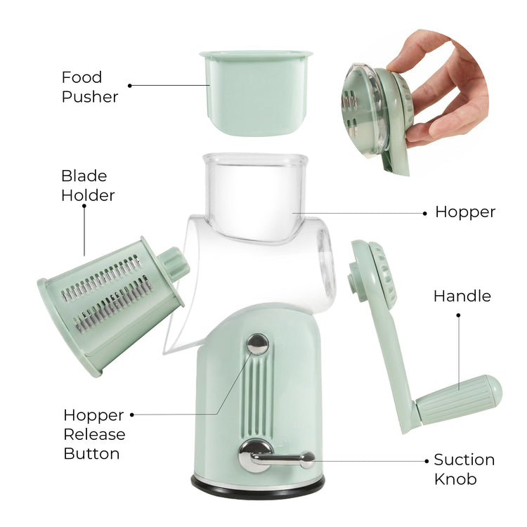 Rotary Cheese Grater Manual Hand Crank with 5 Blades & Suction Base