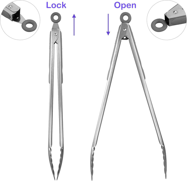 304 Stainless Steel Kitchen Cooking Tongs, 14" and 16" Set of 2 Sturdy Grilling Barbeque Brushed Locking Food Tongs with Ergonomic Grip, Grey