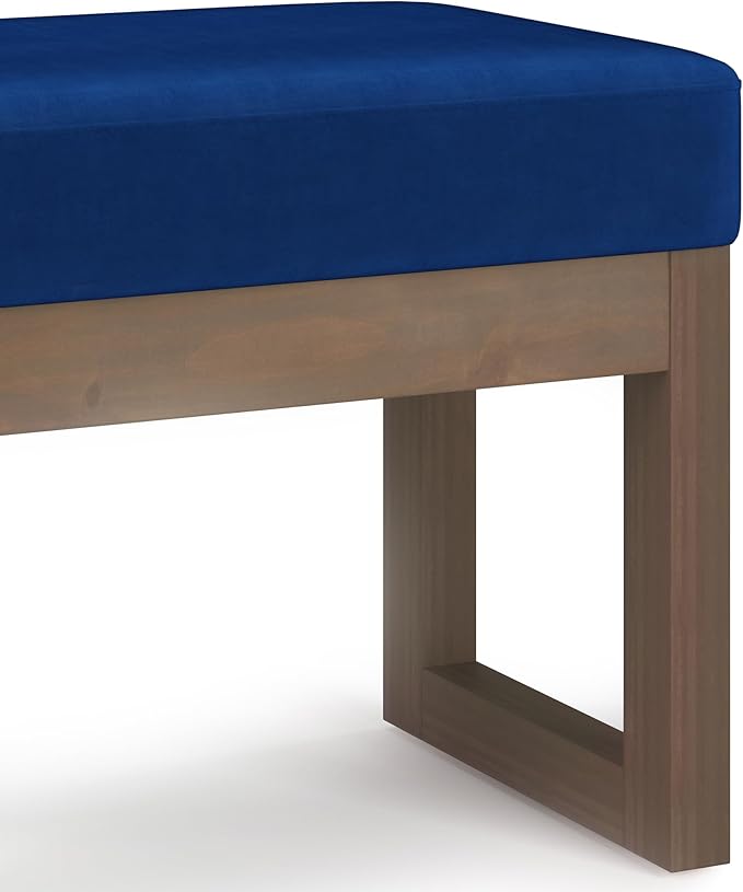 SIMPLIHOME Milltown Small Ottoman Bench - 27 inch Wide Upholstered Velvet Fabric Rectangle Footstool Ottoman in Blue, Contemporary Bench for Bedroom with Cushioned Seat, Assembled