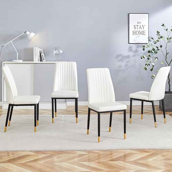 Modern Dining Chairs Set - 4 White PU Leather Armless Chairs with Metal Legs for Dinner Room, Office, Waiting Room