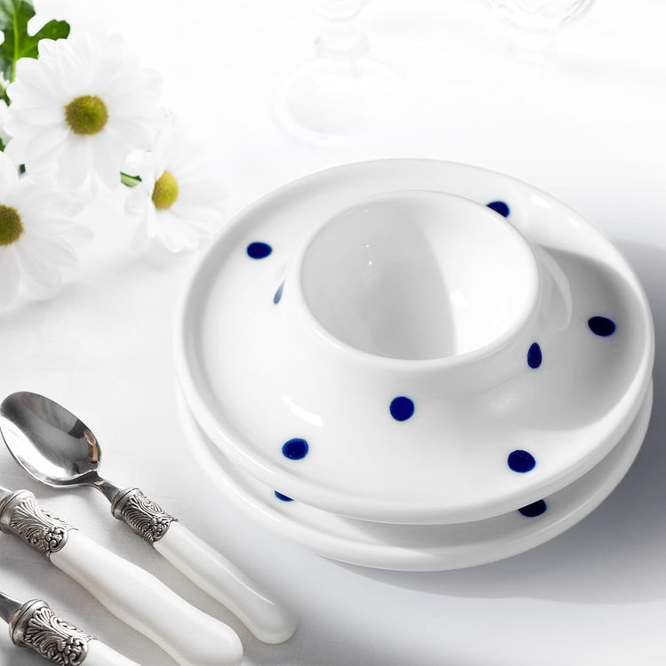 Cinf Ceramic White Egg Holder Set of 2 Porcelain Holder Breakfast Boiled Cooking Easy to Clean Childhood Memories Kitchen(Blue Dot)