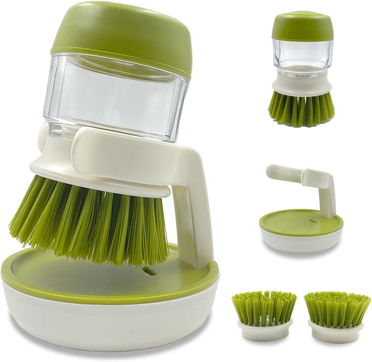Soap Dispenser Dish Brush Palm Brush Scrub Brush Equipped with Storage Bracket and Drainage Base,Easy to Clean Kitchen Utensils and Sink, Includes a Replaceable Brush(Green)