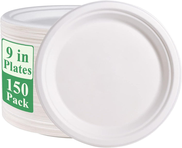 Vplus 150 Pack Paper Plates 9 inch 100% Compostable, Heavy-Duty Disposable Paper Plates Bagasse Natural Biodegradable Eco-Friendly Sugarcane(White)