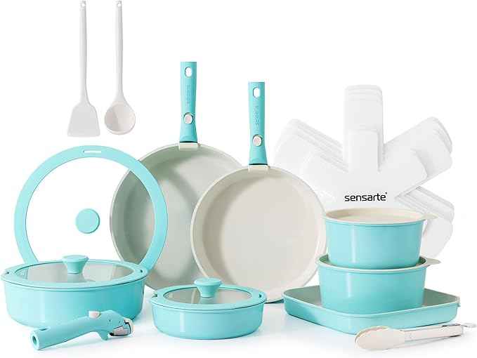 SENSARTE 24 Piece Ceramic Pots and Pans Set, Nonstick Detachable Handle Cookware, Induction Cookware Set with Removable Handle, Healthy Non Stick for RV, Dishwasher&Oven Safe, PFOA Free (Turquoise)