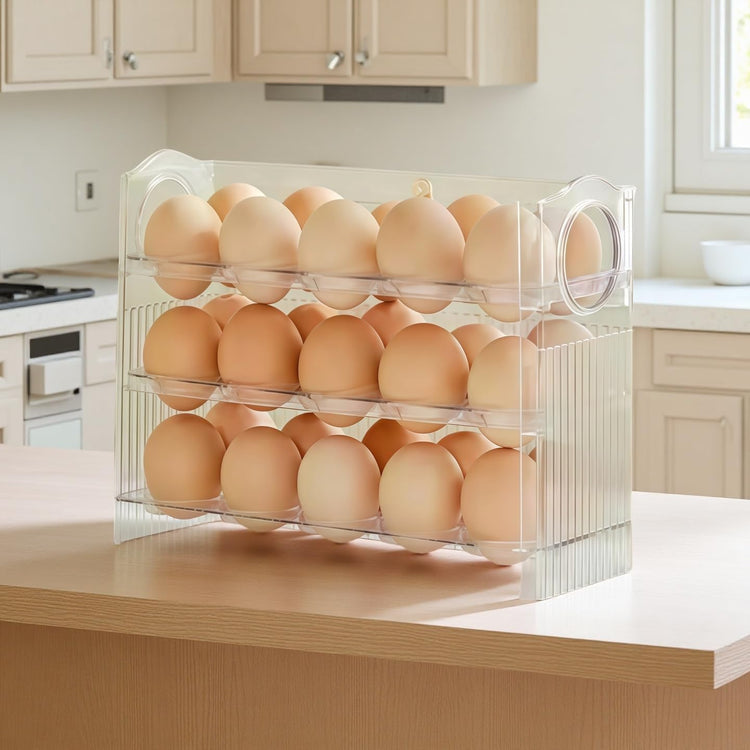 Auto-Flip egg storage for refrigerator,side fridge storage rack egg tray for refrigerator,Eggs Holder Countertop with Timers, Space-Saving Eggs Dispenser for Refrigerator, 30 Eggs Container for