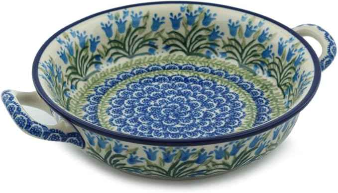Polish Pottery Round Medium Baker with Handles (Feathery Bluebells) made by Ceramika Artystyczna