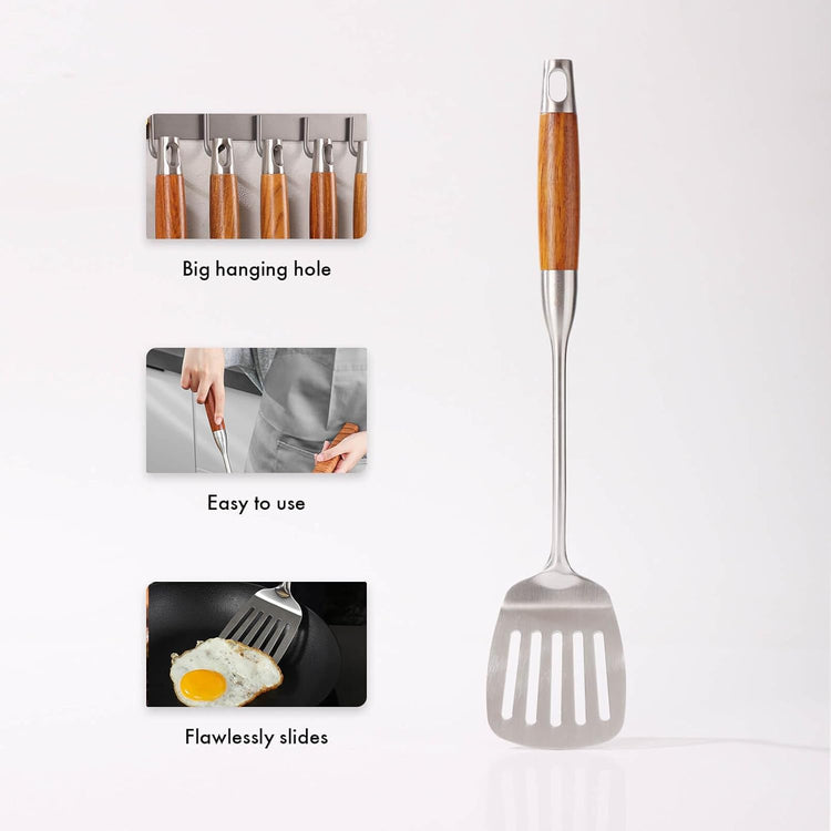 18/10 Stainless Steel Spatulas Set - 15” Long Spatulas for Kitchen, Metal Cooking Utensils - 1 Slotted Spatula + 1 Solid Turner (style B - roosewood handle)