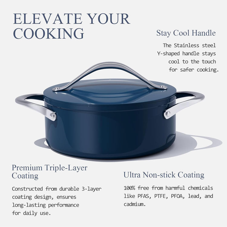 Stock Pot 4.5qt Dutch Oven with Lid (9.5") Nonstick Ceramic Coated Non-Toxic PFAS-Free Even Heat Distribution for Braising, Baking Bread & Soups, Compatible for All Cooktops(Induction/Gas/Electric) Oven Safe to 500ยฐF (Navy Blue)