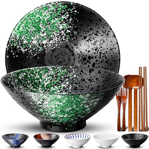 8 Inch Ramen Bowl Set 2 Large Japanese Bowls Ceramic Microwavable 8pcs (Green / 8 INCH 2 Set)