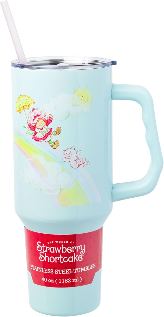 Silver Buffalo Strawberry Shortcake and Custard Stainless Steel Tumbler with Handle, Fits in Standard Cup Holder, 40 Ounces (Pack of 12)