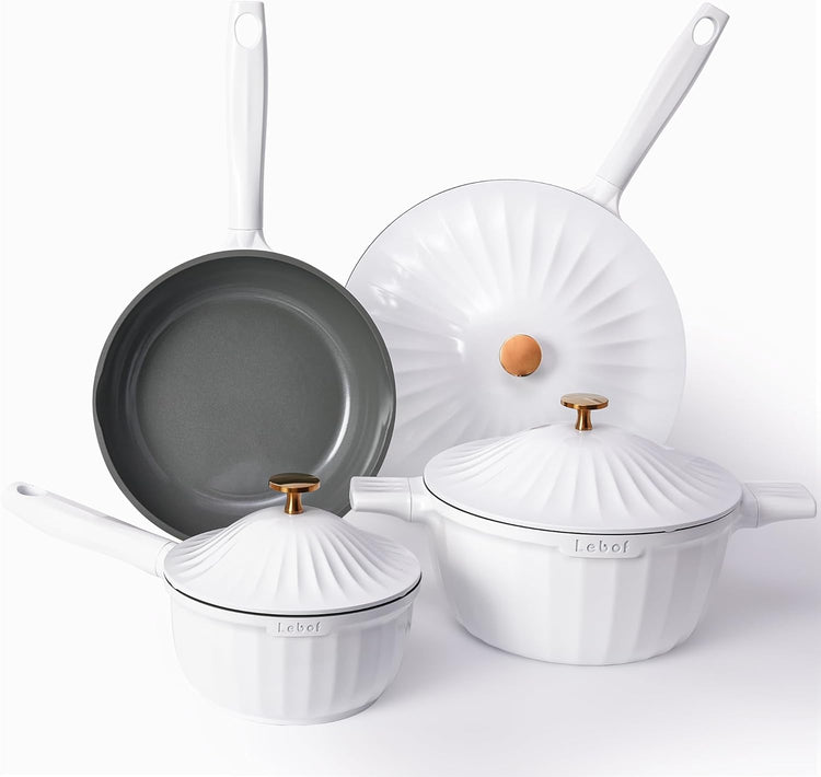 Nonstick Ceramic Cookware Set (7 Piece)–Titanium Cast Aluminum Pots and Pans Set with Lids, Non Toxic PFAS-Free Compatible with All Stovetops–Pearl White