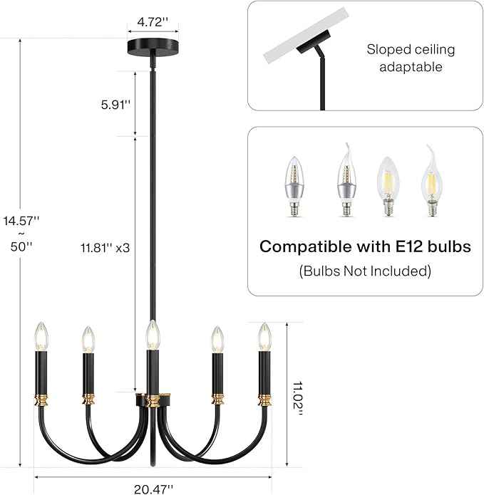 Tribesigns Modern Black Chandelier, 5-Light Farmhouse Iron Chandeliers for Dining Room, Modern Candle Hanging Pendant Light Fixtures for Living Room, Dining Room, Kitchen, Bedroom, Entryway