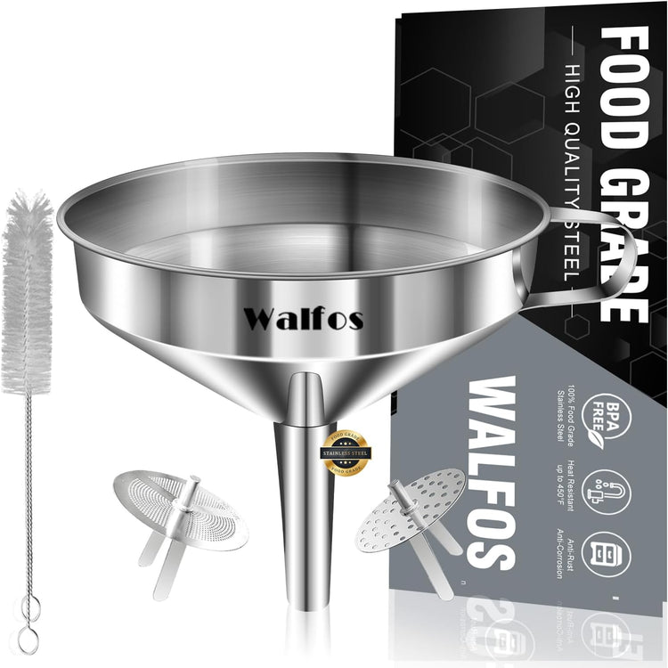 Stainless Steel Funnel, Walfos Kitchen Funnel with 2 Removable Strainer & 1Pc Cleaning Brush, Perfect for Transferring of Liquid, Oils, Jam, Dry Ingredients & Powder (4.1")