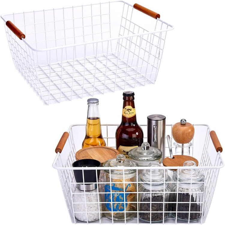 LeleCAT Large white wire baskets with Wooden Handles for storage pantry, Storage Organizer Baskets, Household Refrigerator for Cabinets, Closets, Bedrooms, kitchen - Set of 2(White)