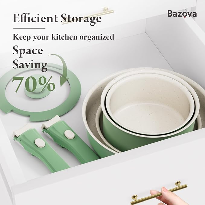 Bazova Ceramic Nonstick Cookware Set, Healthy,Non Toxic,17-Pieces Pots and Pans Set Removable Handles,Induction RV Kitchen Set,Stain & Scratch-resistant,Dishwasher/Oven Safe,PFAS/PFOA Free,Green