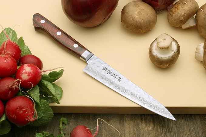 Yoshihiro VG10 16 Layer Hammered Damascus Stainless Steel Petty Utility Knife (5.3'' (135mm))