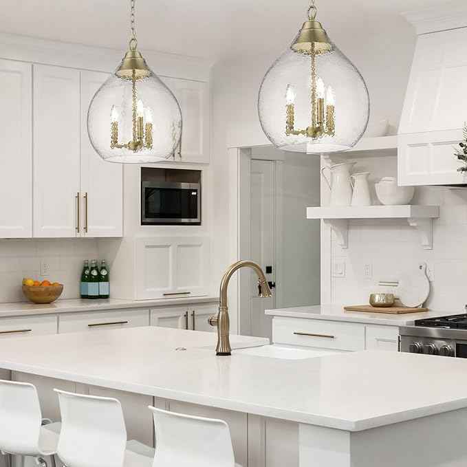 Ariella 3 Light Pendant Brushed Champagne Bronze with Hammered Clear Glass- Pendant Lights, Pendant Light, Hanging Light Fixture, Ceiling Light Fixtures, Kitchen Island Lighting