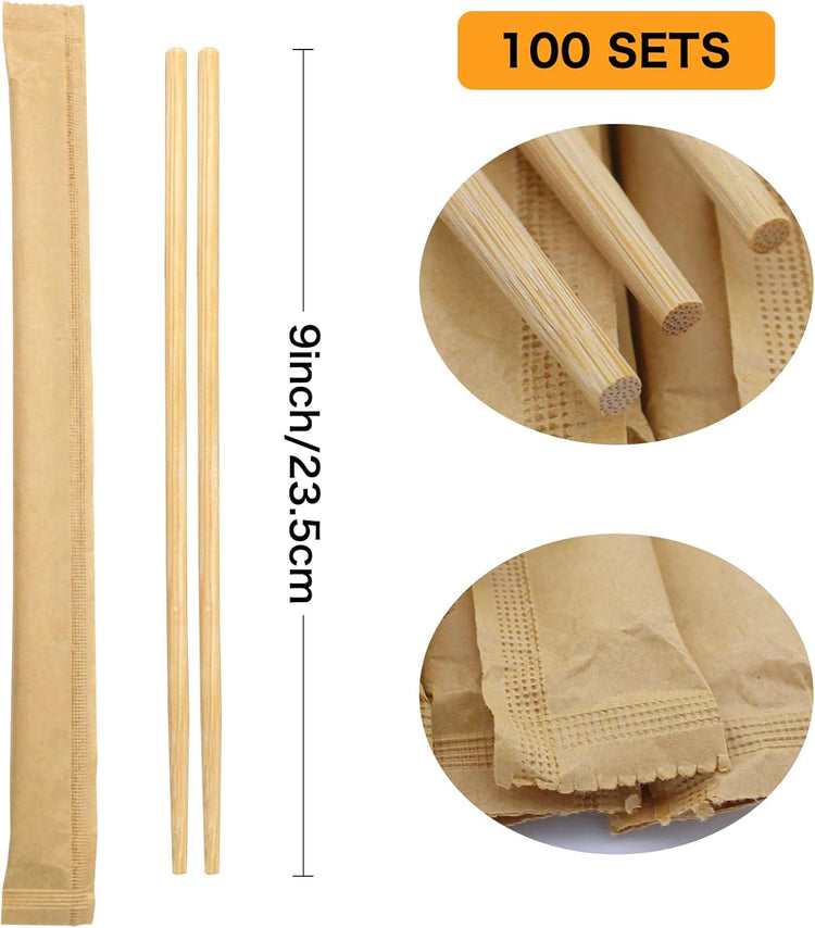 Disposable Bamboo Chopsticks (Approx.100 sets),Japanese Chopsticks,9.25'' Long Chopsticks Disposable,Individually Full Kraft Paper Wrapped Chinese Chopsticks