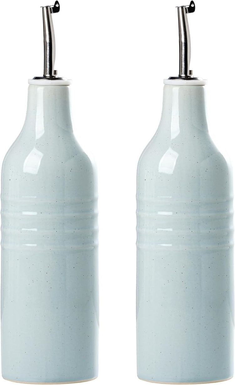 famiware Jupiter 16oz Ceramic Olive Oil Dispenser Bottle, Olive Oil and Vinegar Dispenser Bottle Set of 2 with Stainless Steel Pourers, Suitable for Storage Vinegar, Liquids, Light Blue