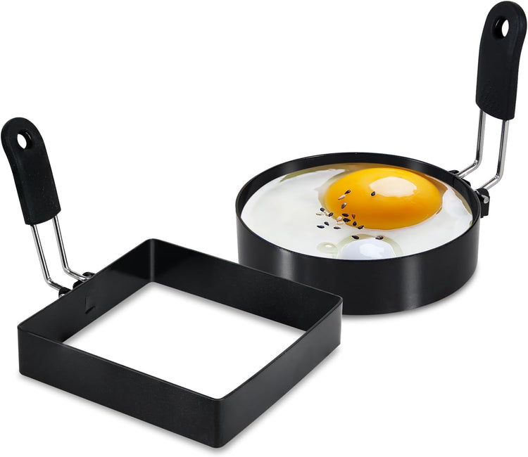 4'' Round+Square Egg Rings Set with Silicone Handle, Stainless Steel Egg Cooking Rings,Nonstick,For Frying Eggs and Egg Mcmuffins, Egg Mold For Breakfast