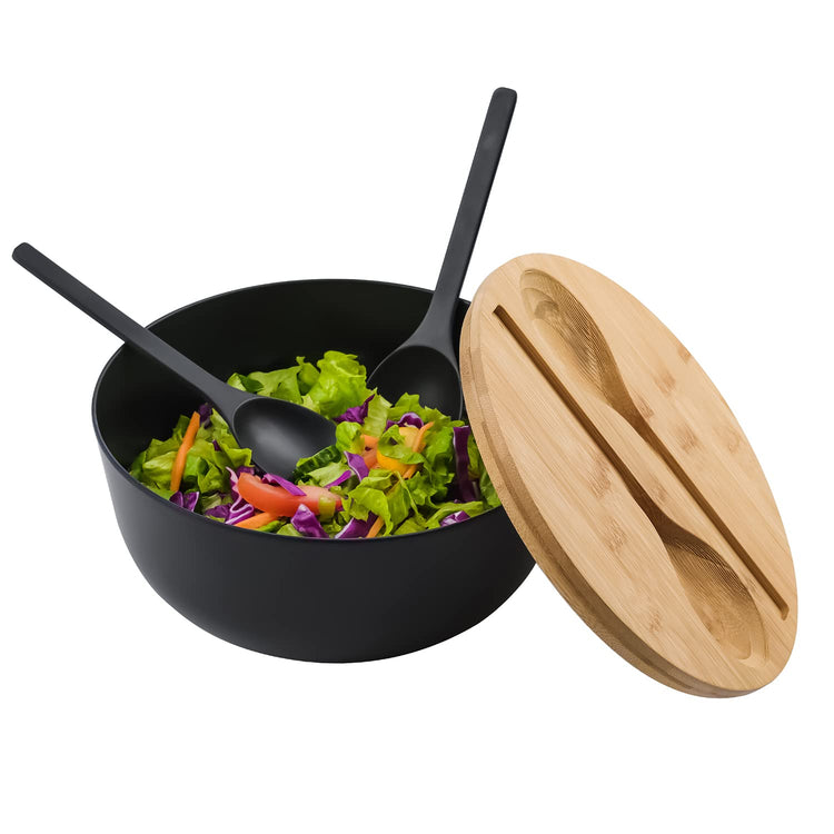 Bamboo Fiber Salad Bowl with Servers Set Large 9.8inches Nature Bamboo Mixing Bowl with Servers with Lid Spoon and Fork for Fruits