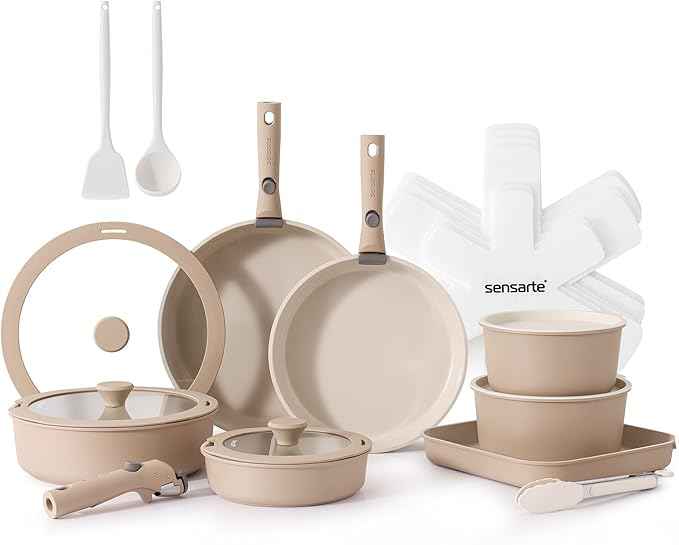 SENSARTE 24 Piece Ceramic Pots and Pans Set, Nonstick Detachable Handle Cookware, Induction Cookware Set with Removable Handle, Healthy Non Stick for RV, Dishwasher&Oven Safe, PFOA Free (Almond Beige)