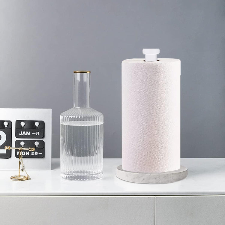 Paper Towel Holder Countertop, Standing Paper Towel Roll Holder for Kitchen Bathroom, with Weighted Marble Base for One-Handed Operation (White), White Marble Paper Towel Holder