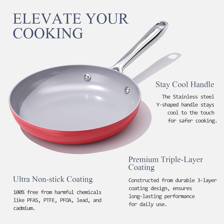 Nonstick Ceramic Frying Pan 10 Inch for Induction Cooktop - Non Toxic, PTFE/PFOA/PFAS Free, Oven & Dishwasher Safe up to 500ยฐF - Non Stick Small Skillet with Stay-Cool Handle - Fusion Red