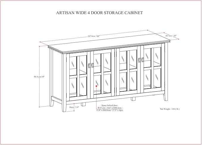 SIMPLIHOME Artisan SOLID WOOD 66 Inch Wide Contemporary Wide 4 Door Storage Cabinet in Russet Brown, For the Living Room, Entryway and Family Room