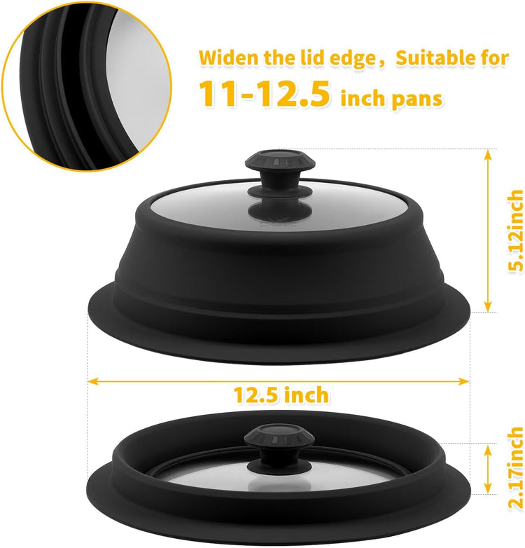 Collapsible Microwave Splatter Lid with Vented Tempered Glass Cover Wok Lid for Microwave Safe, Stockpot Steamer Pot Pan 11-12.5 inch Universal Multifunction Silicone Cover