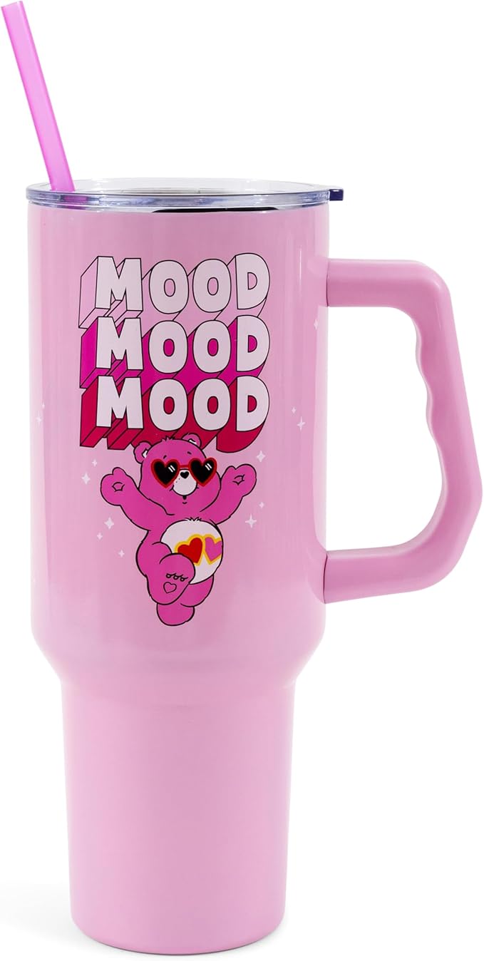 Silver Buffalo Care Bears “Mood” Double Walled Stainless Steel Tumbler with Handle Featuring Love-A-Lot Bear, Fits in Standard Cup Holder, 40 Ounces