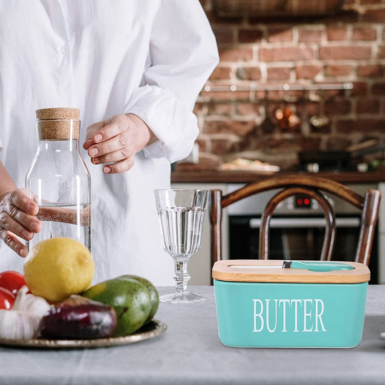 Ceramic Butter Dish with Bamboo Lid and Stainless Steel Knife Spreader