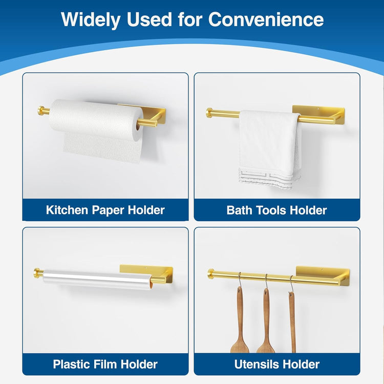 Paper Towel Holder - Self-Adhesive or Drilling, Gold Wall Mounted Rack - SUS304 Stainless Steel Kitchen Roll Holder Under Cabinet (2 Pack)